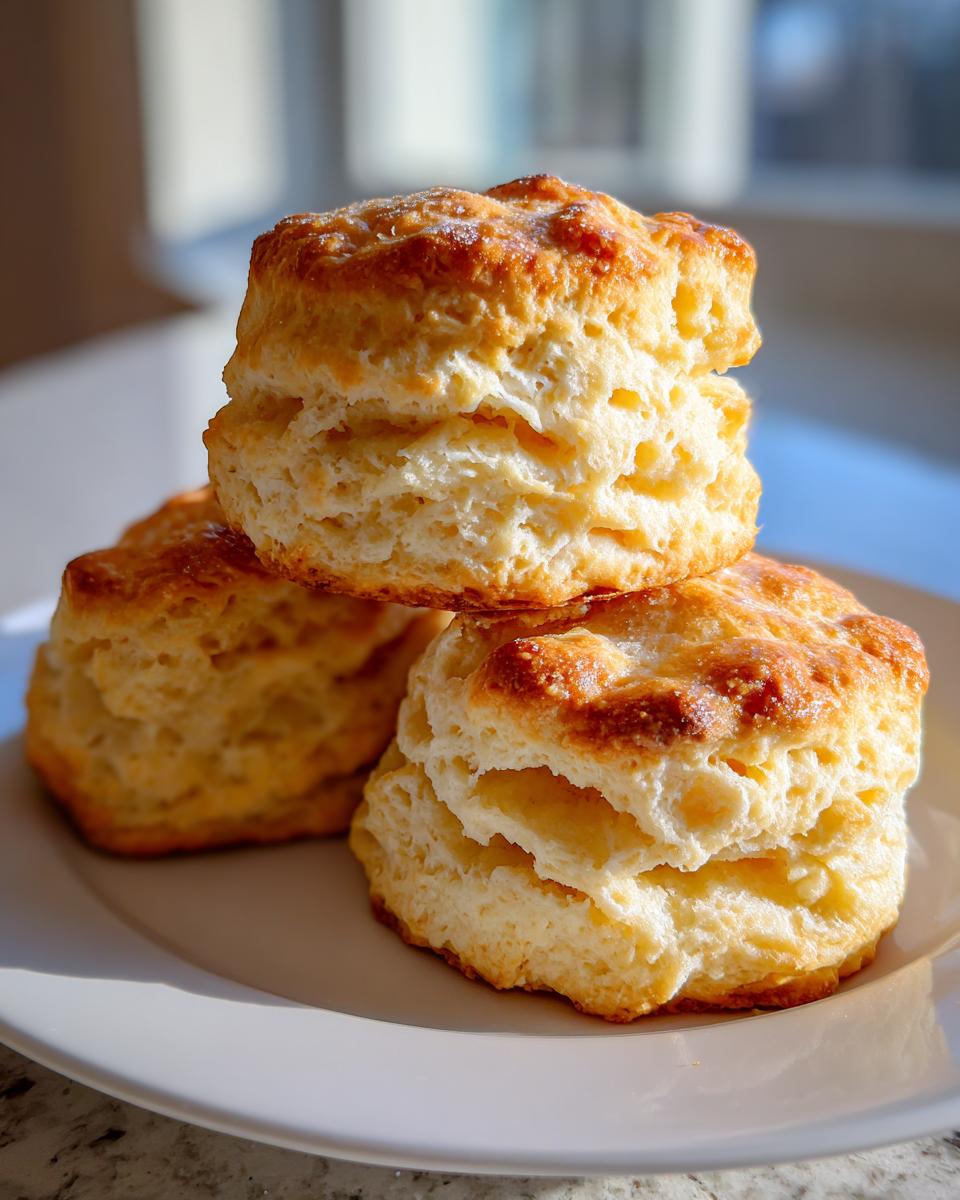 Three tall, flaky buttermilk biscuits stacked on a white plate, showing golden tops and layered sides.