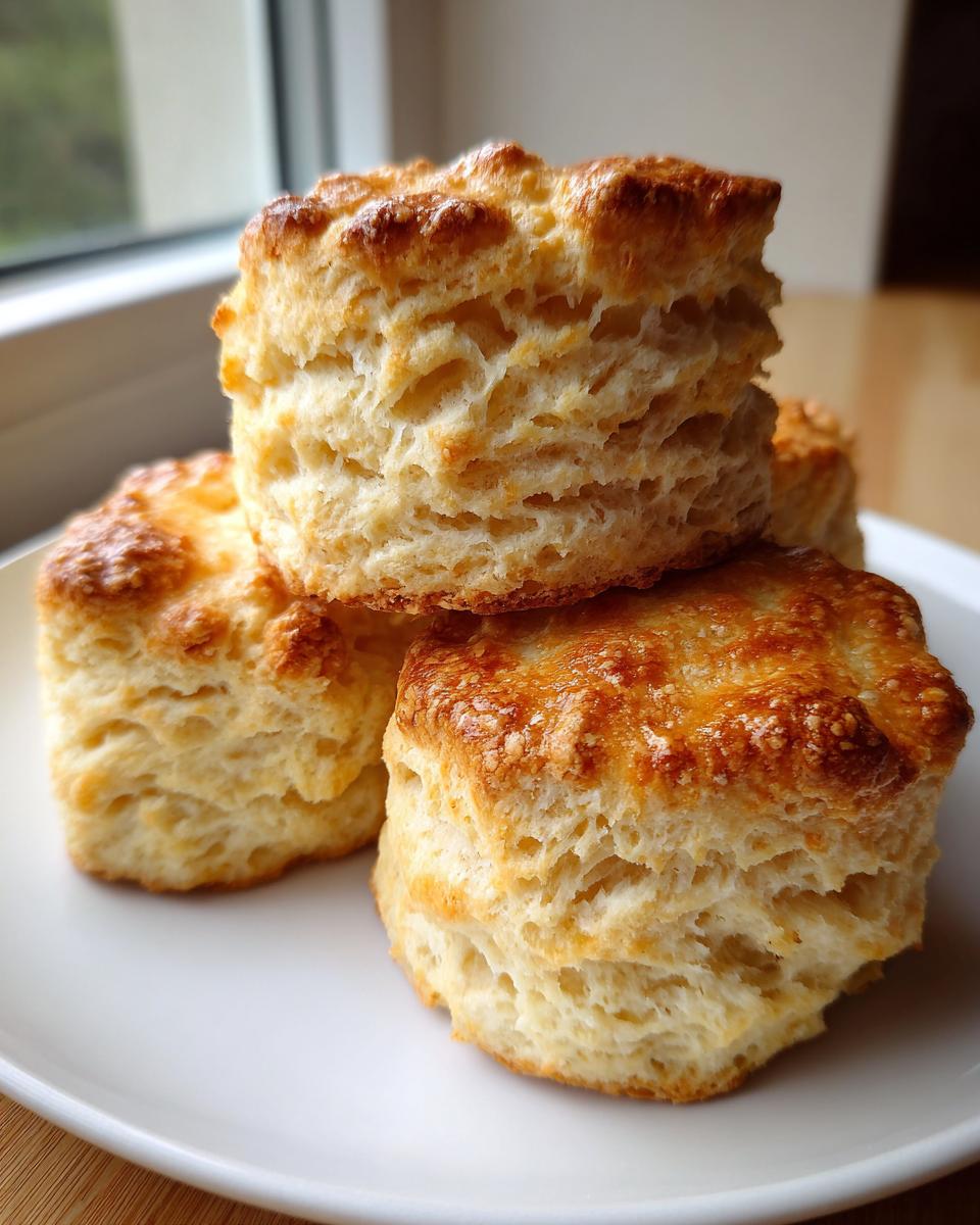 A close-up of three tall, flaky buttermilk biscuits stacked on a white plate, showing their golden tops.