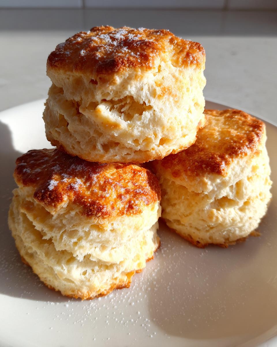 Three tall, fluffy buttermilk biscuits stacked on a white plate, showing golden tops and flaky layers.