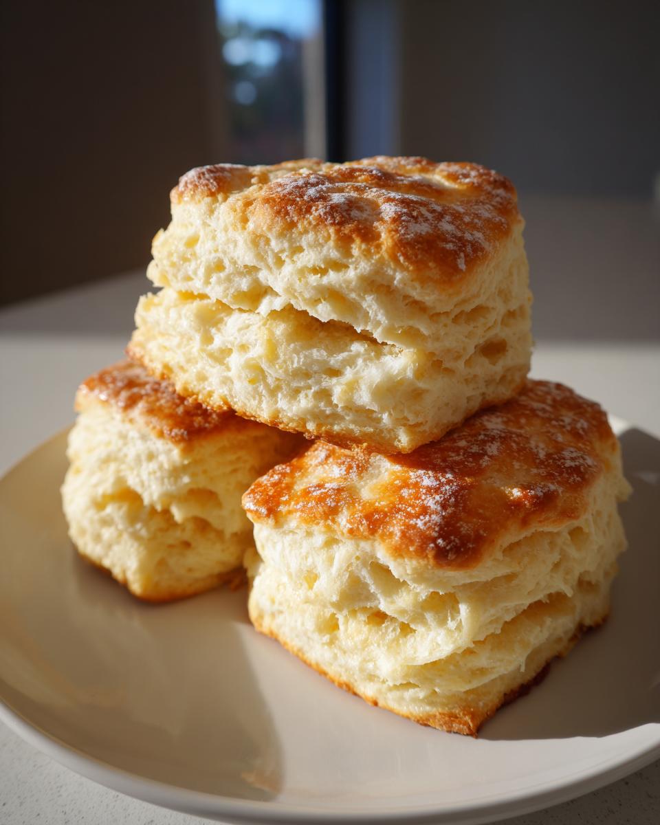 Three tall, flaky buttermilk biscuits stacked on a light plate, showing their layered texture.