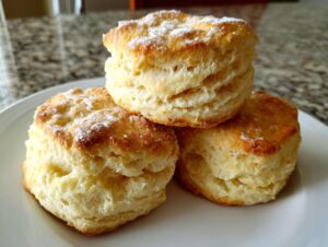 Three tall, fluffy buttermilk biscuits stacked on a white plate, lightly dusted with powdered sugar.