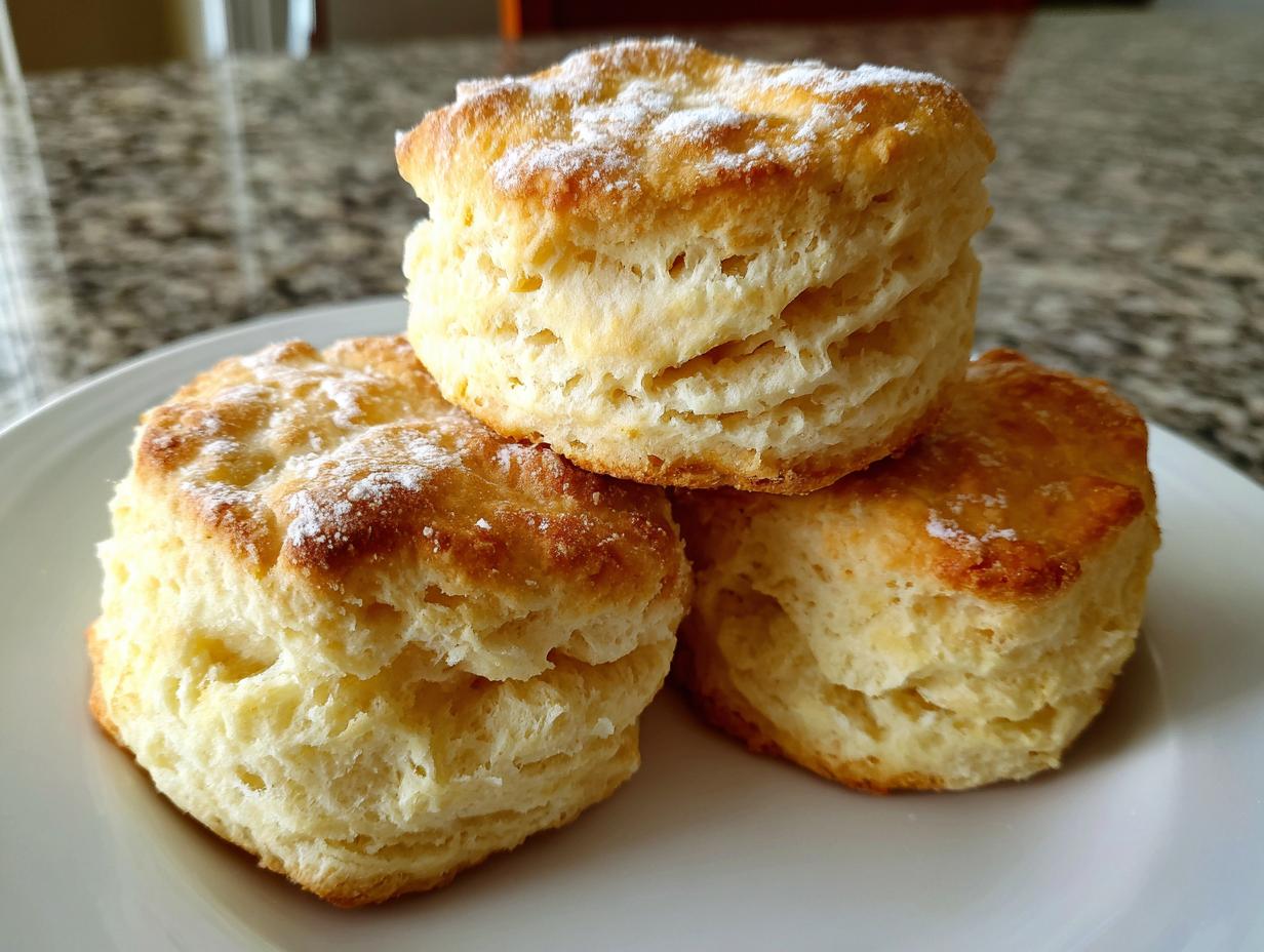 Three tall, fluffy buttermilk biscuits stacked on a white plate, lightly dusted with powdered sugar.