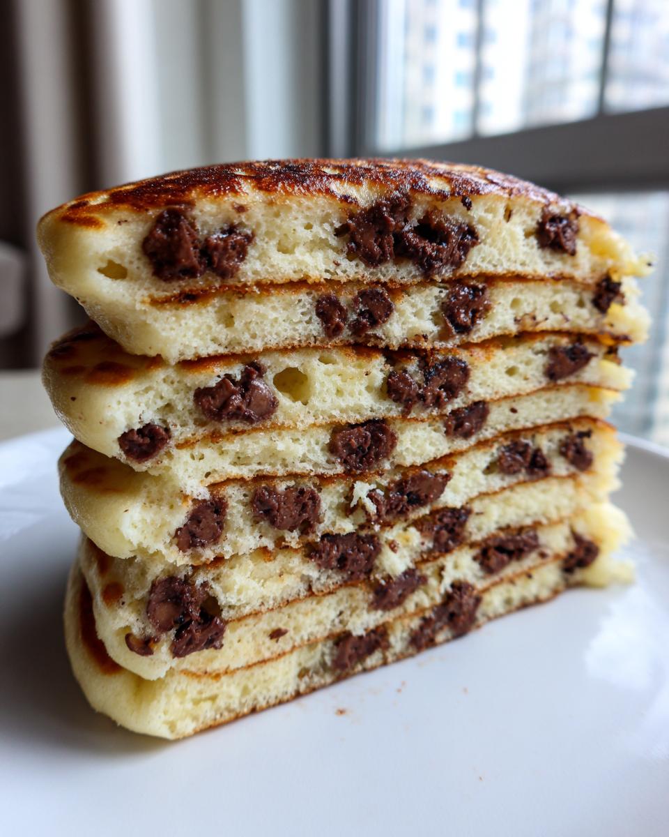 Close-up cross-section view of a tall stack of fluffy chocolate chip pancakes showing melted chocolate chips inside.