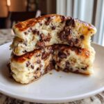 Close-up of fluffy chocolate chip pancakes cut in half, revealing melted chocolate chips and syrup.