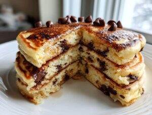 A tall stack of fluffy chocolate chip pancakes cut in half to show the melted chips inside.
