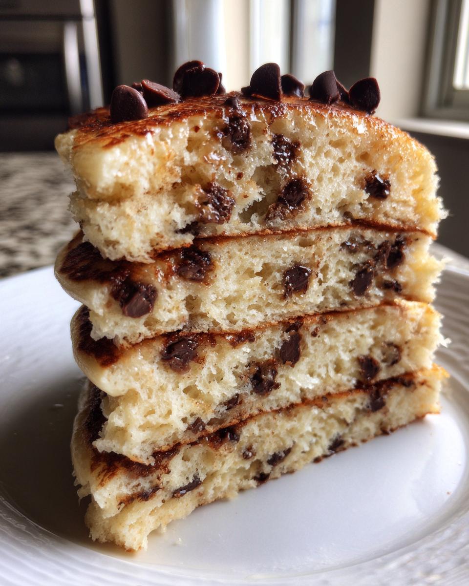 Close-up of a stack of fluffy chocolate chip pancakes cut in half, showing the airy interior and melted chips.