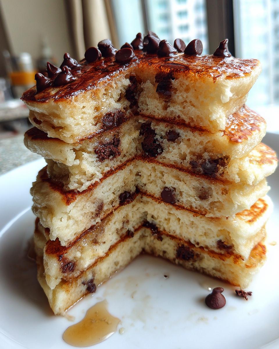 Cross-section view of a tall stack of fluffy chocolate chip pancakes showing melted chocolate chips inside.
