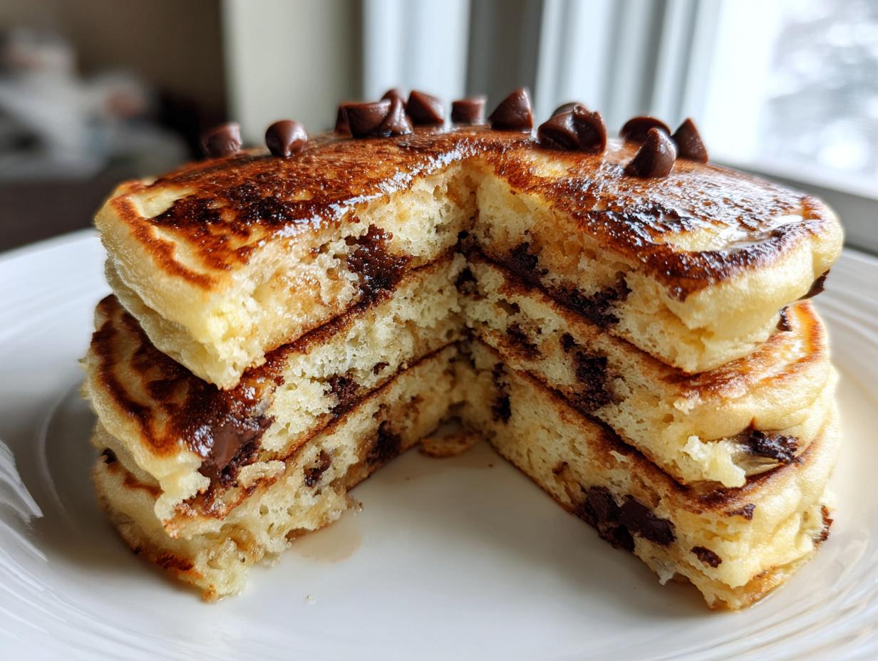A tall stack of fluffy chocolate chip pancakes cut in half to show the melted chips inside.