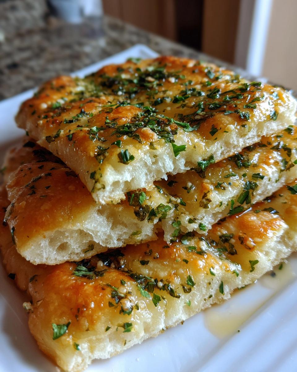 Close-up of stacked, fluffy breadsticks brushed with garlic butter and topped with fresh parsley.
