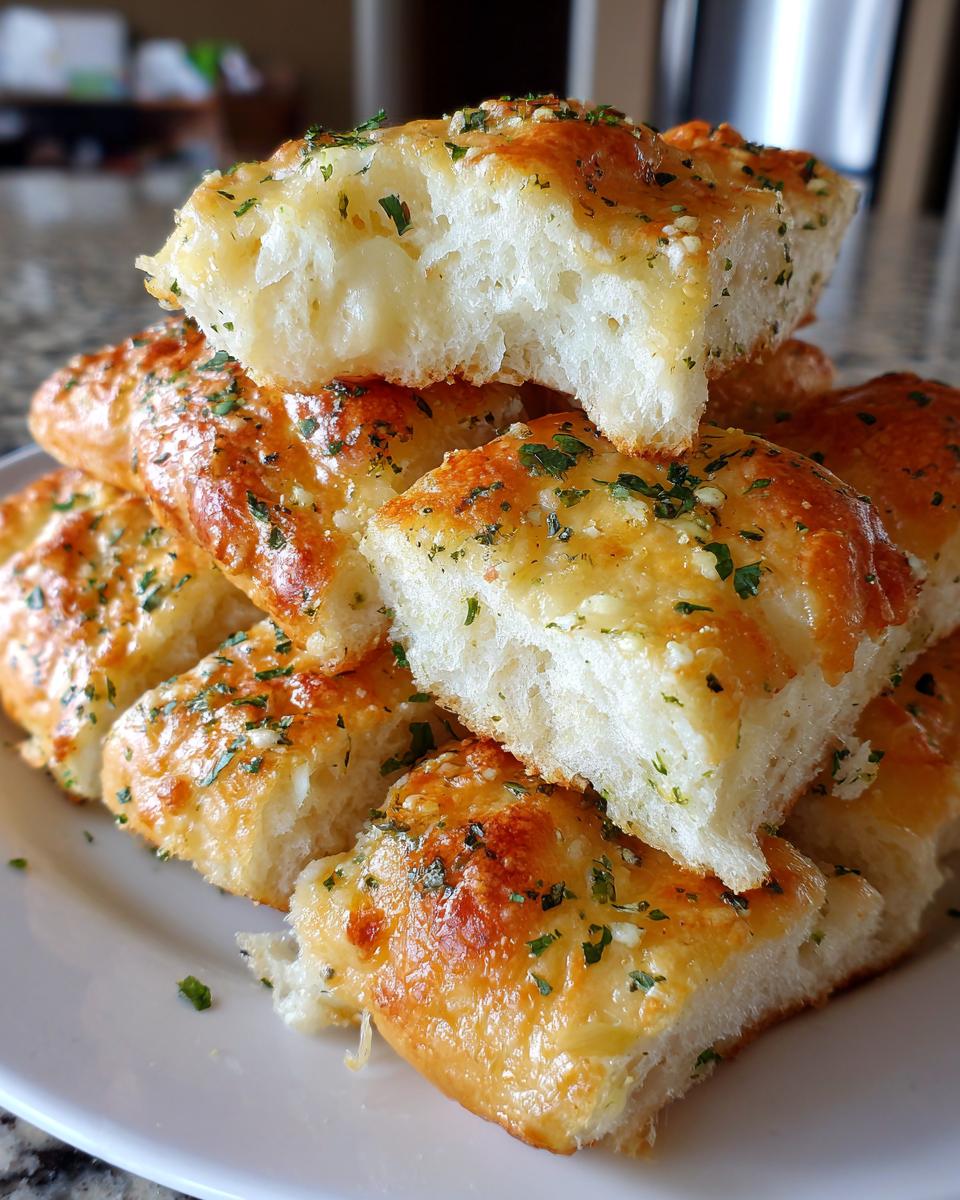 A stack of soft, golden-brown garlic butter breadsticks, sprinkled with parsley, ready to eat.