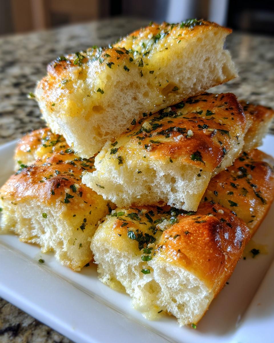 Close-up of several soft, golden-brown garlic butter breadsticks stacked on a white plate, sprinkled with parsley.