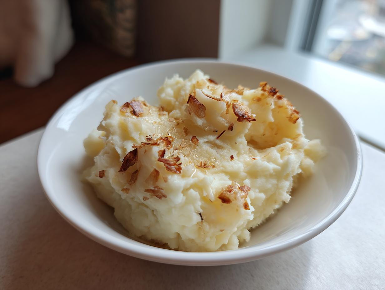 A close-up of fluffy garlic mashed potatoes served in a white bowl, topped with crispy browned garlic flakes.