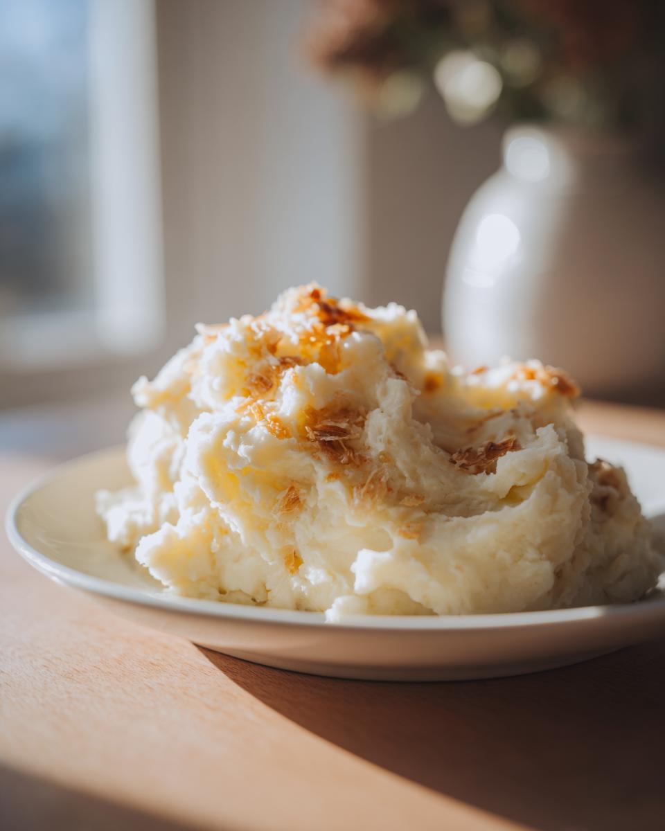 A generous serving of fluffy garlic mashed potatoes topped with crispy fried garlic flakes on a white plate.