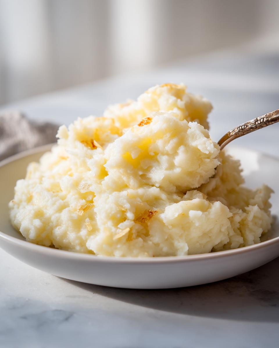 A close-up of fluffy garlic mashed potatoes in a white bowl, with a vintage spoon scooping a portion.