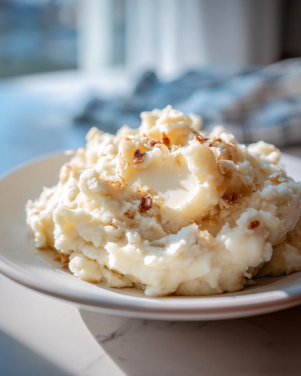 A close-up of creamy garlic mashed potatoes topped with browned, crispy bits, likely roasted garlic or shallots.