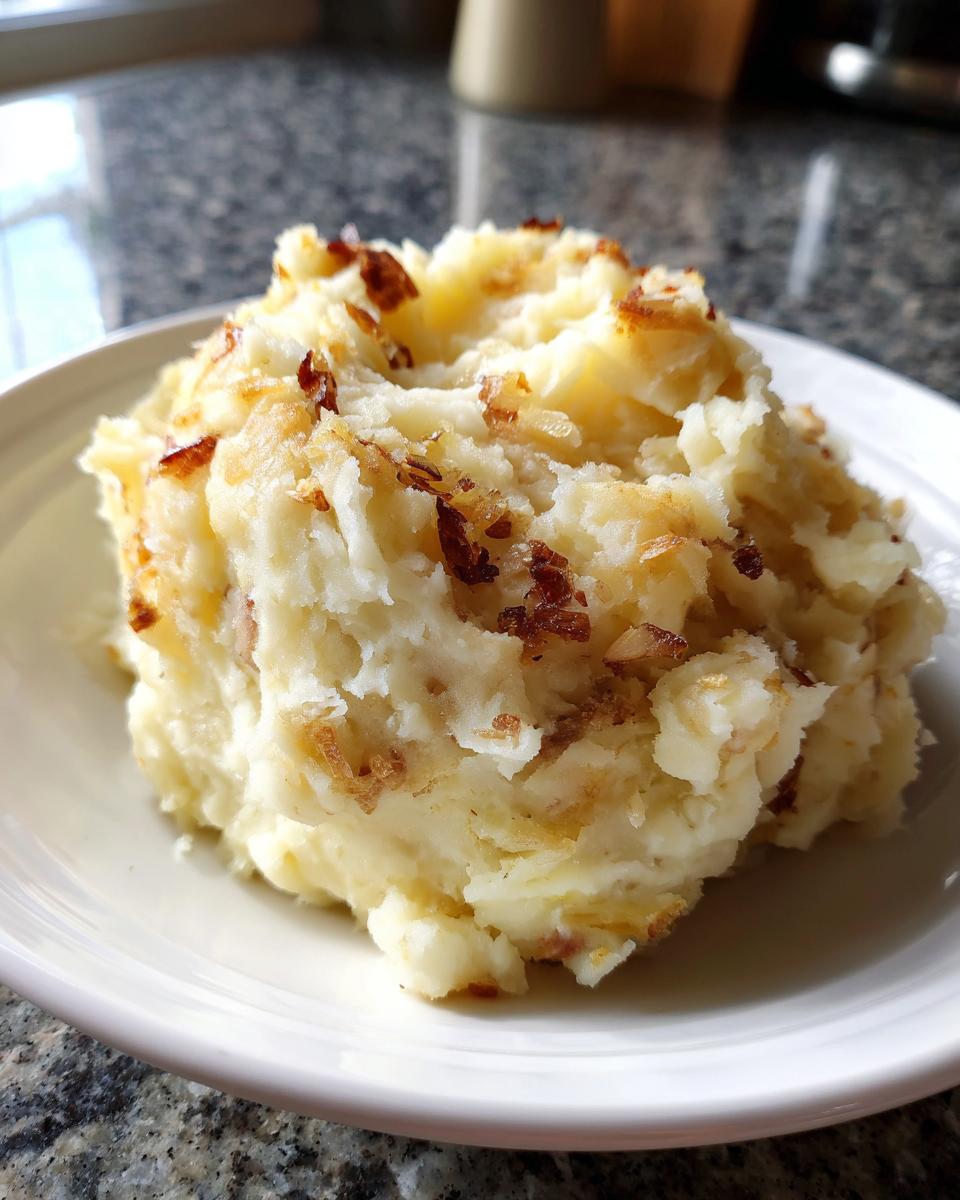 A close-up of fluffy garlic mashed potatoes topped with crispy browned bits served in a white bowl.