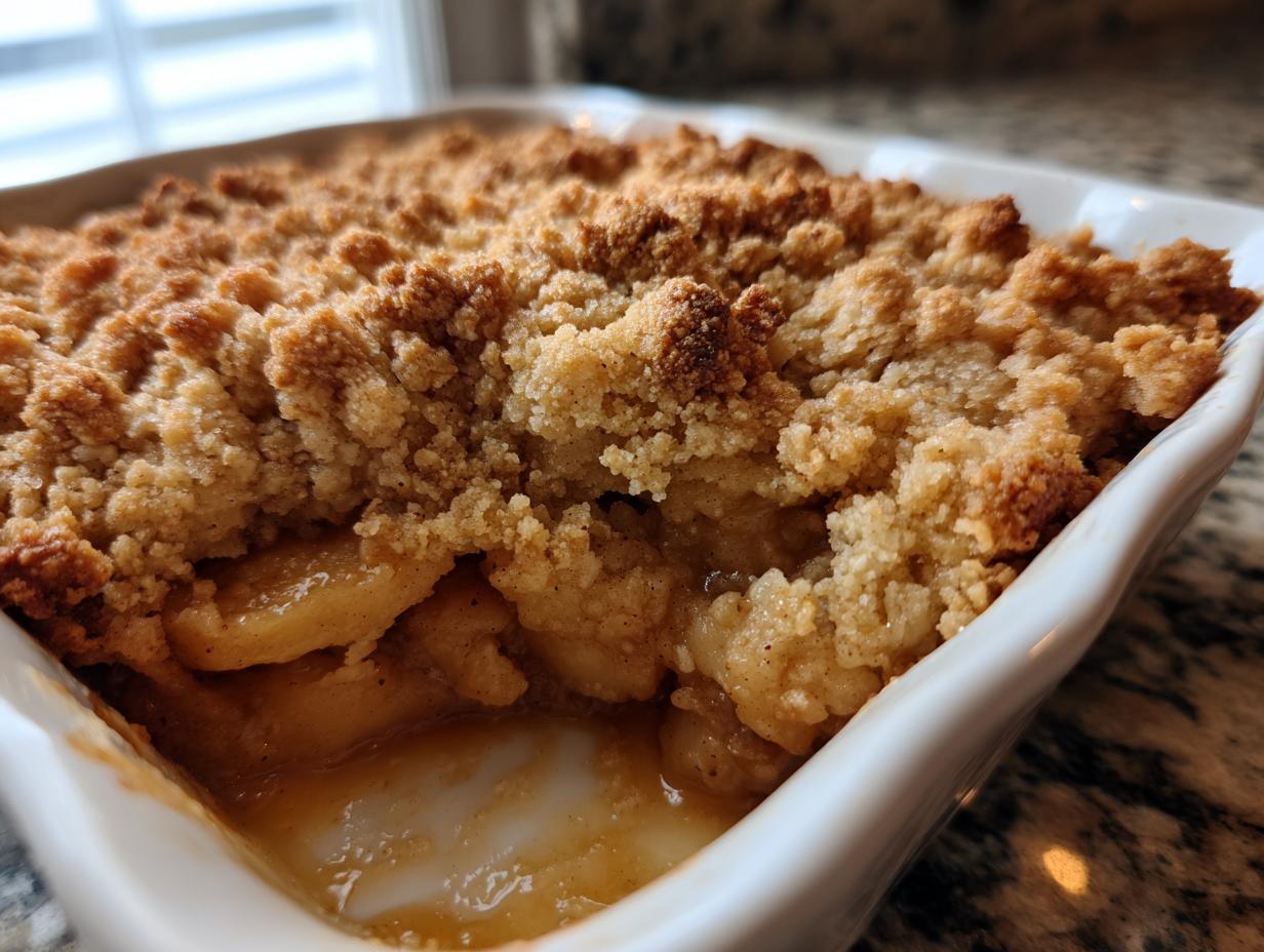 Close-up of a baked apple crisp recipe showing the golden, crumbly topping and bubbling, saucy apples underneath.