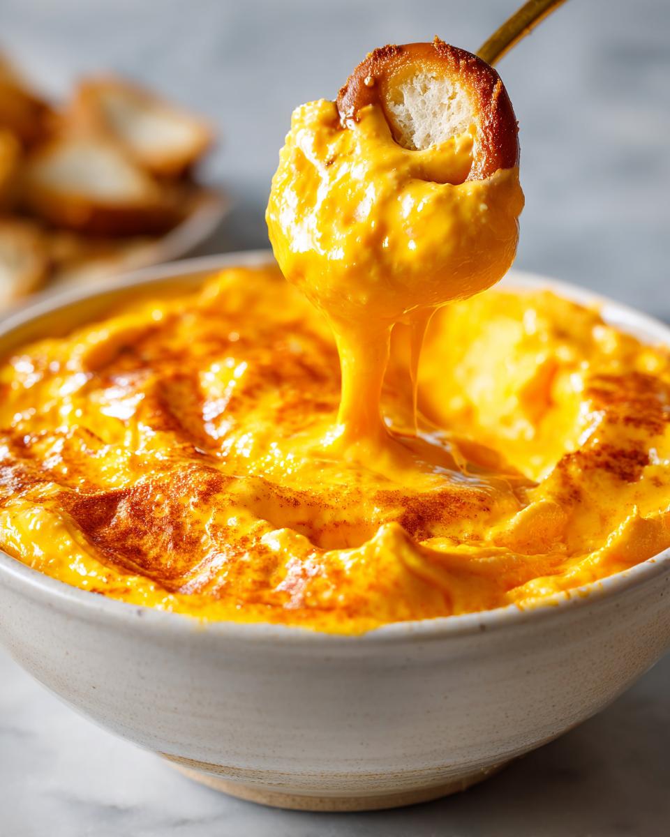 A pretzel bite is dipped into a bowl of thick, gooey, orange beer cheese dip, showing off its amazing texture.