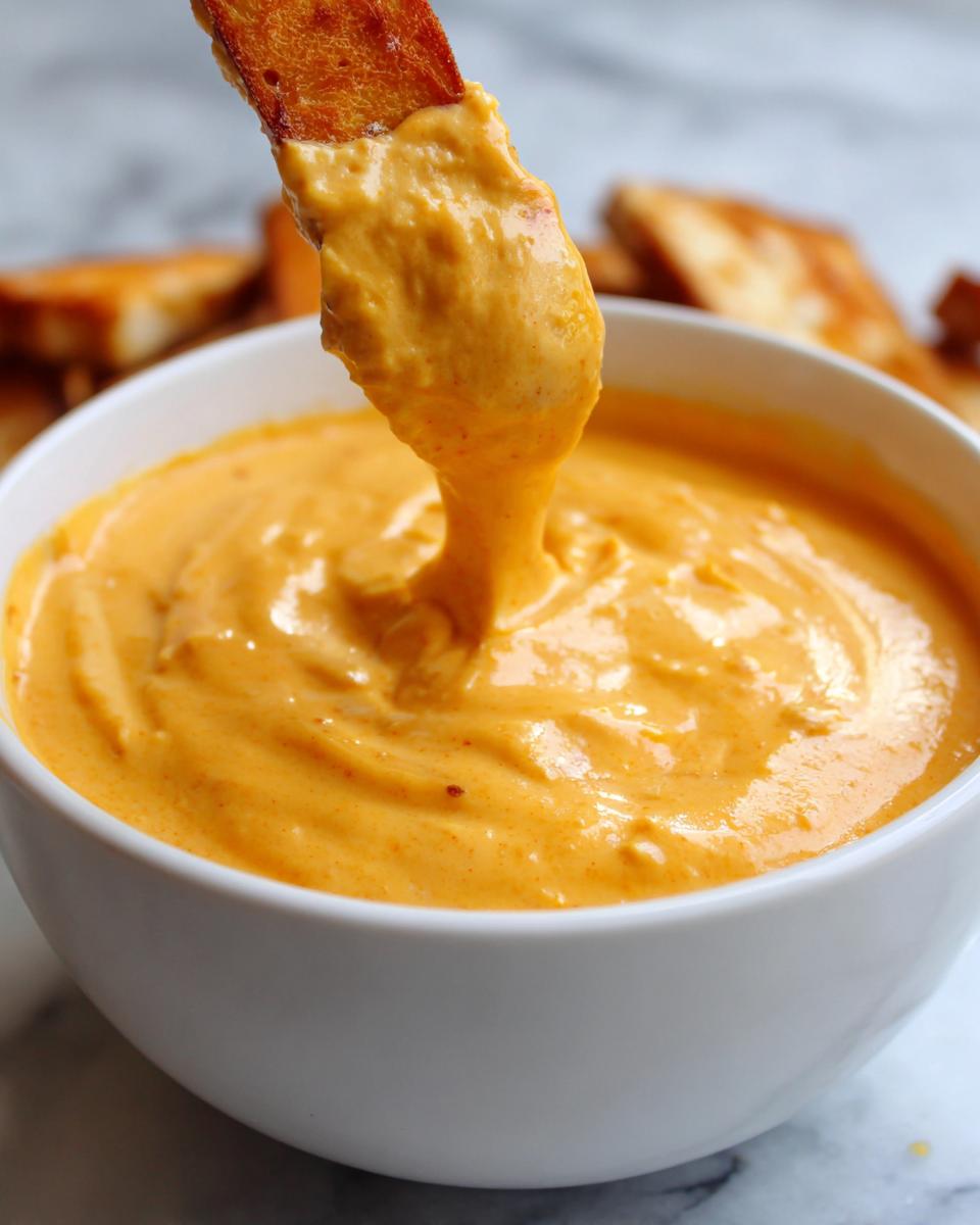 A piece of toasted bread being dipped into a bowl of thick, creamy, orange beer cheese dip.