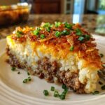 A thick slice of french onion ground beef and rice casserole with a cheesy, crispy onion topping and green onions.