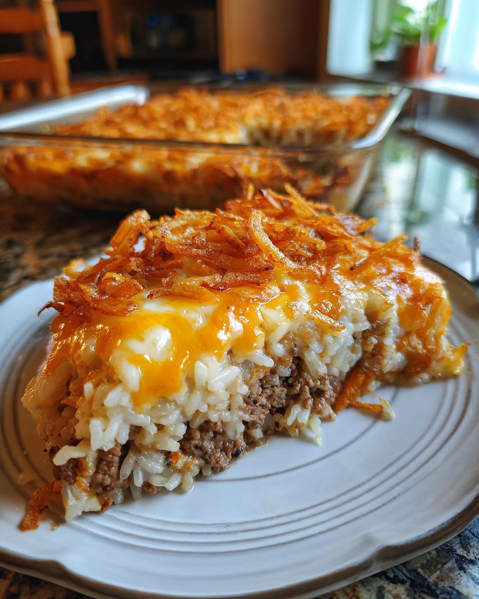 A thick slice of french onion ground beef and rice casserole topped with melted cheese and crispy onions.