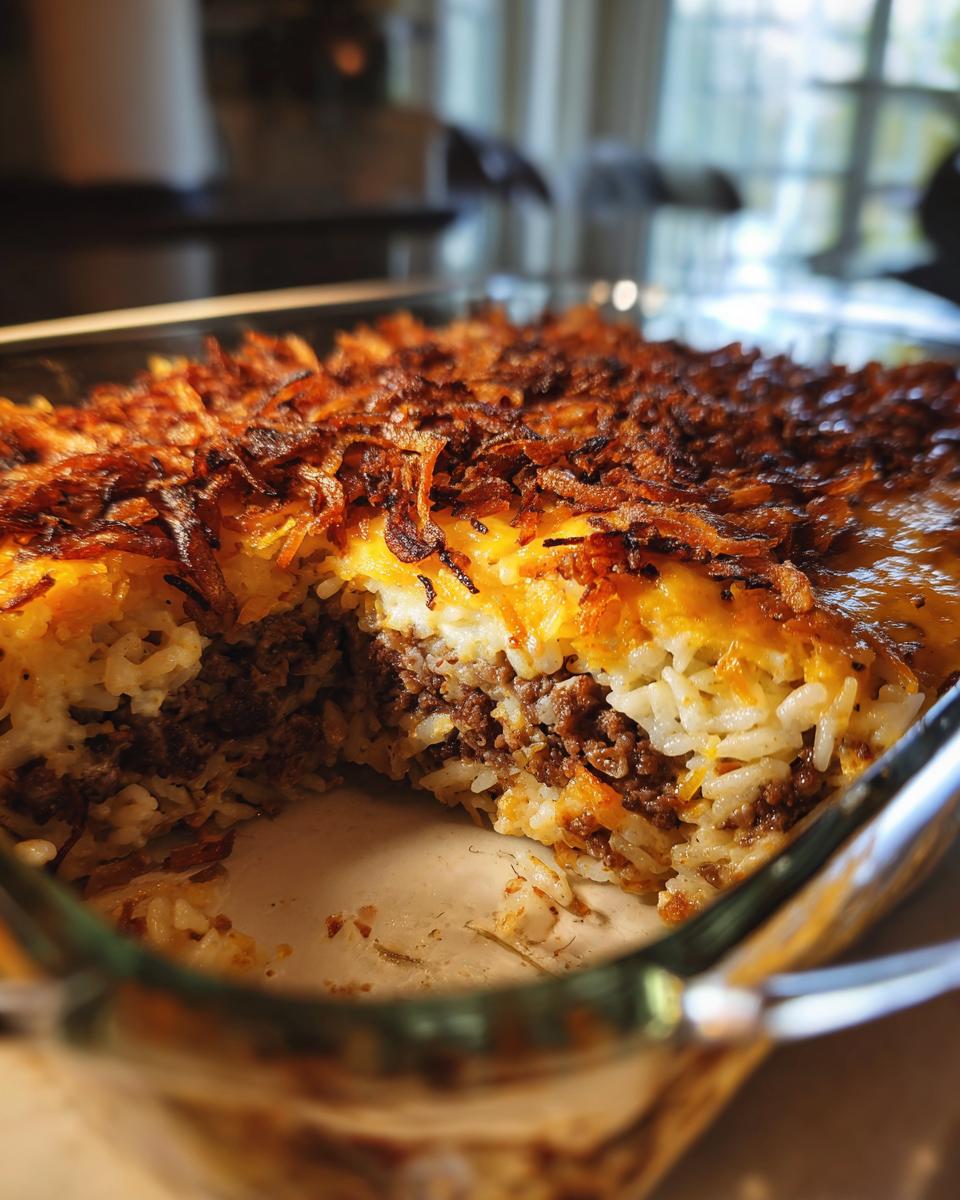 A close-up of a serving removed from the french onion ground beef and rice casserole, showing layers of rice, meat, and crispy onions.