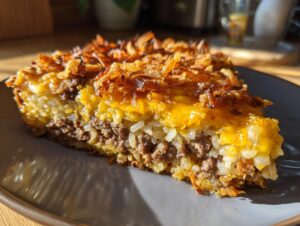 A thick slice of french onion ground beef and rice casserole showing layers of beef, rice, and a crispy onion topping.
