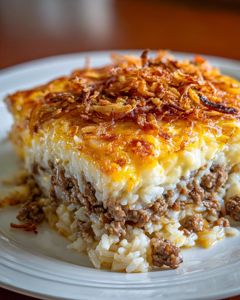 A close-up slice of french onion ground beef and rice casserole showing layers of meat, rice, and cheesy topping with crispy onions.