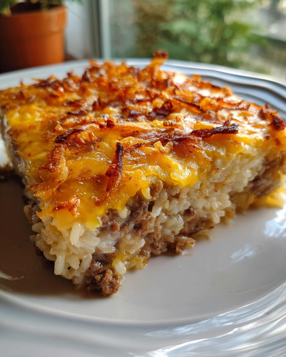 A close-up slice of french onion ground beef and rice casserole topped with melted cheese and crispy onions.