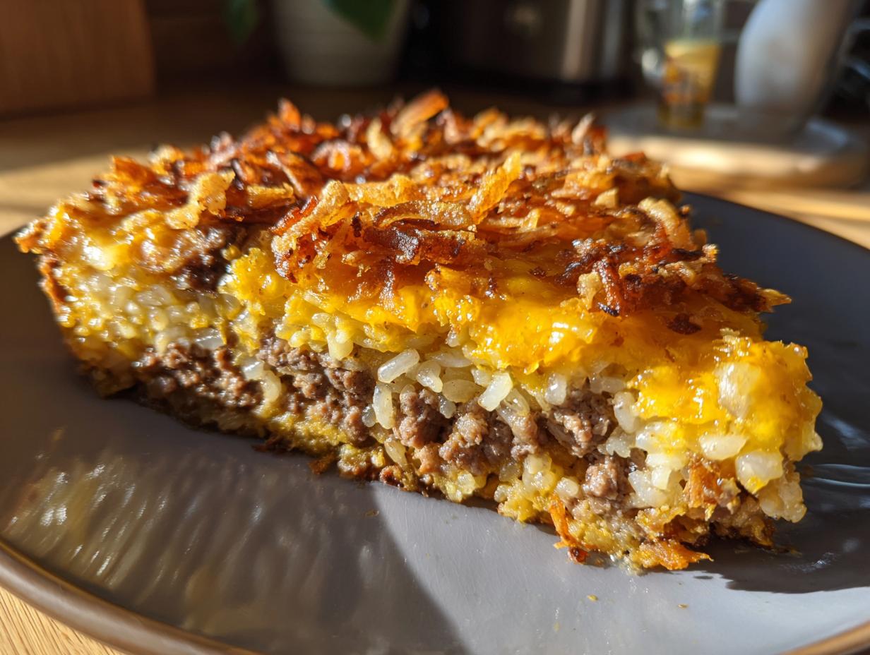 A thick slice of french onion ground beef and rice casserole showing layers of beef, rice, and a crispy onion topping.
