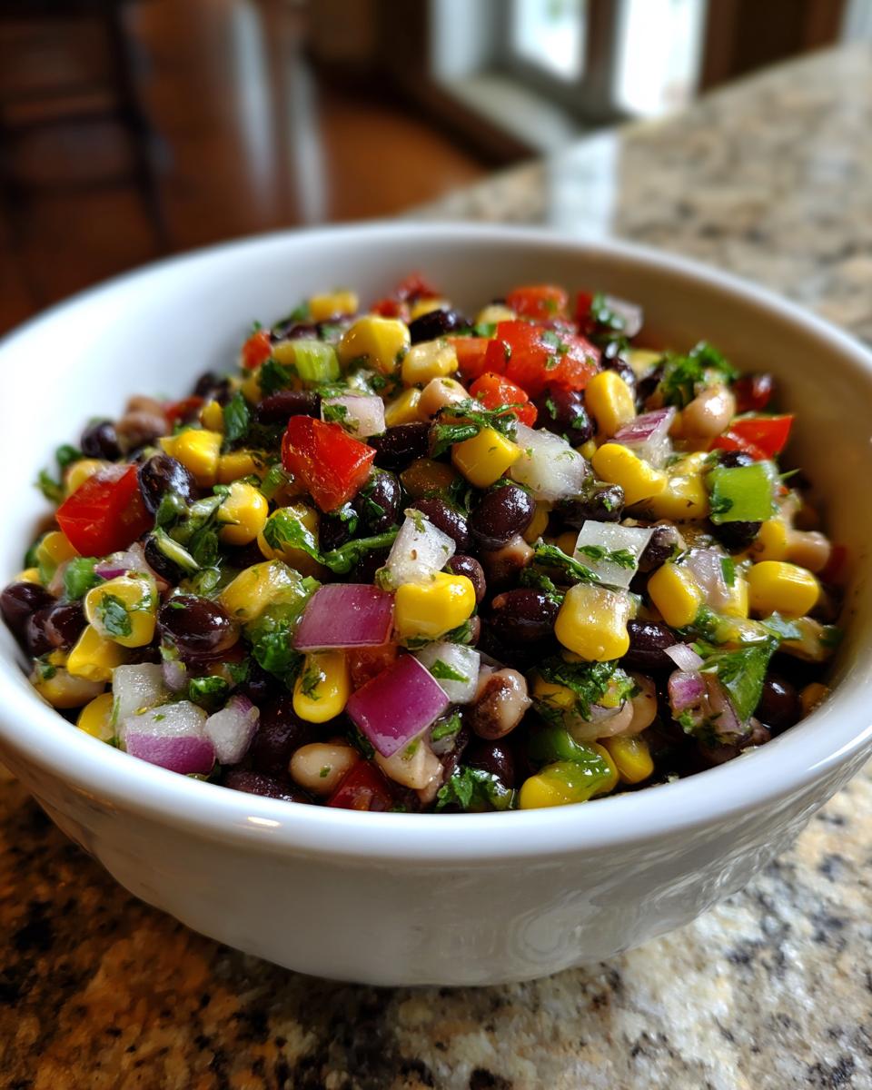 Close-up of colorful cowboy caviar featuring black beans, corn, red onion, and tomatoes in a white bowl.