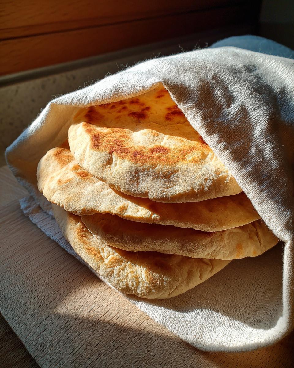 A stack of freshly baked, warm pita bread wrapped partially in a light cloth on a wooden surface.