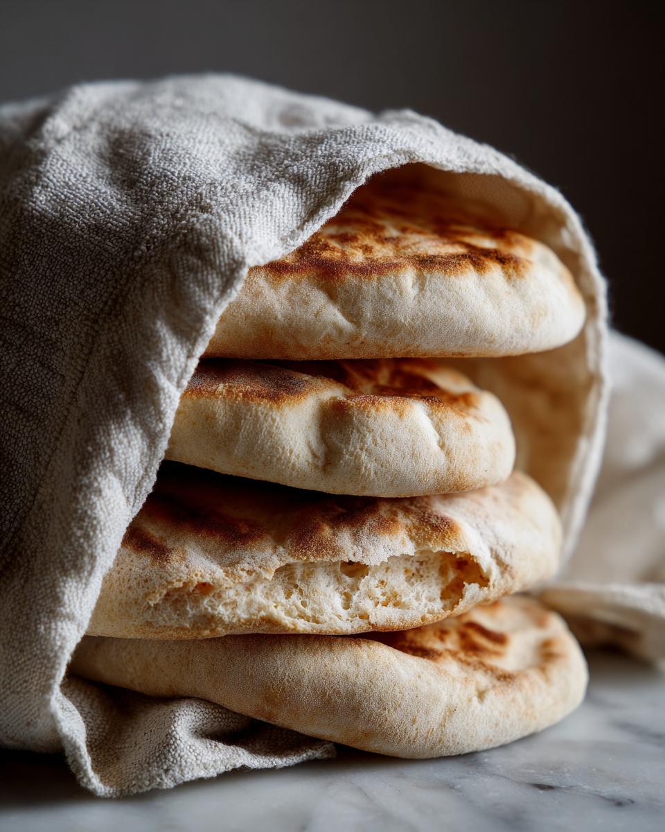 A stack of four freshly baked pita bread rounds wrapped in a light linen cloth.
