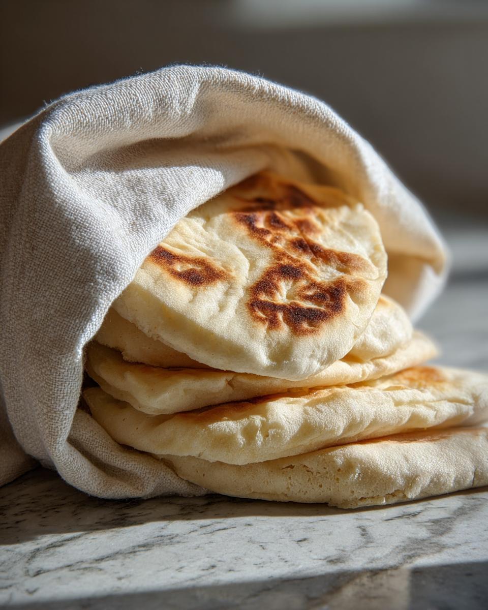 A stack of warm, freshly cooked pita bread wrapped partially in a light linen cloth.