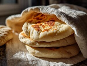 A stack of warm, freshly baked pita bread tucked under a white cloth, showing golden brown spots.