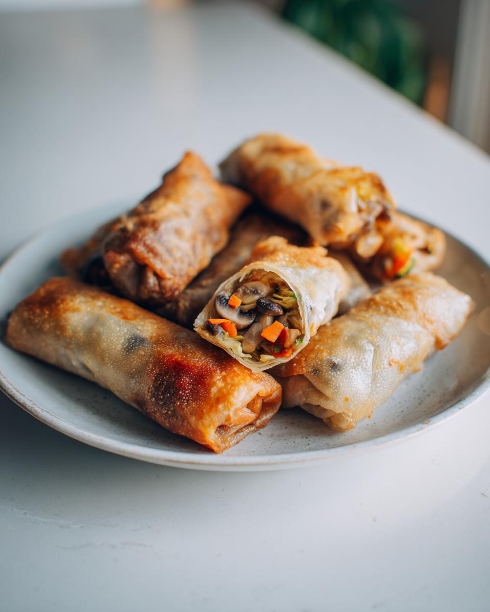 A plate of crispy, golden fried rice paper dumplings, one cut open showing mushroom and carrot filling.