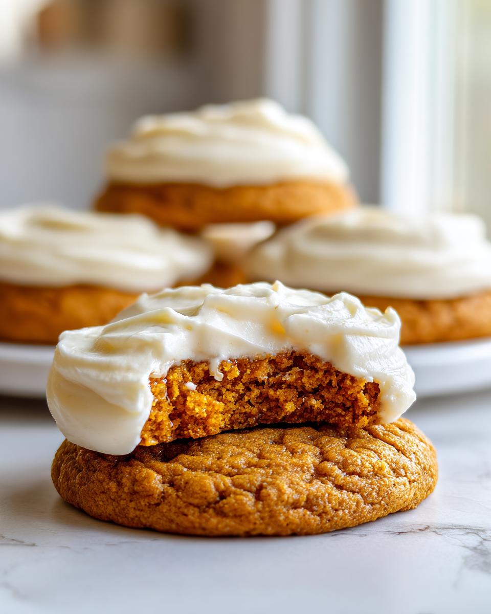 A soft, frosted pumpkin cookie broken in half, showing the moist interior texture.