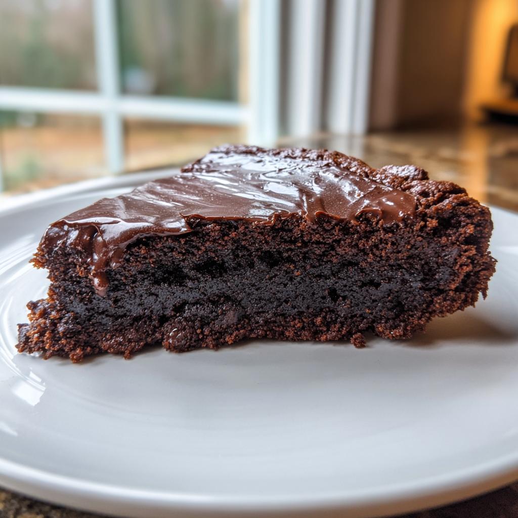 A rich, fudgy slice of flourless chocolate cake topped with melted chocolate ganache, sitting on a white plate.