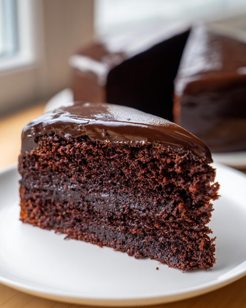 Close-up of a rich slice of flourless chocolate cake topped with a shiny dark chocolate glaze.