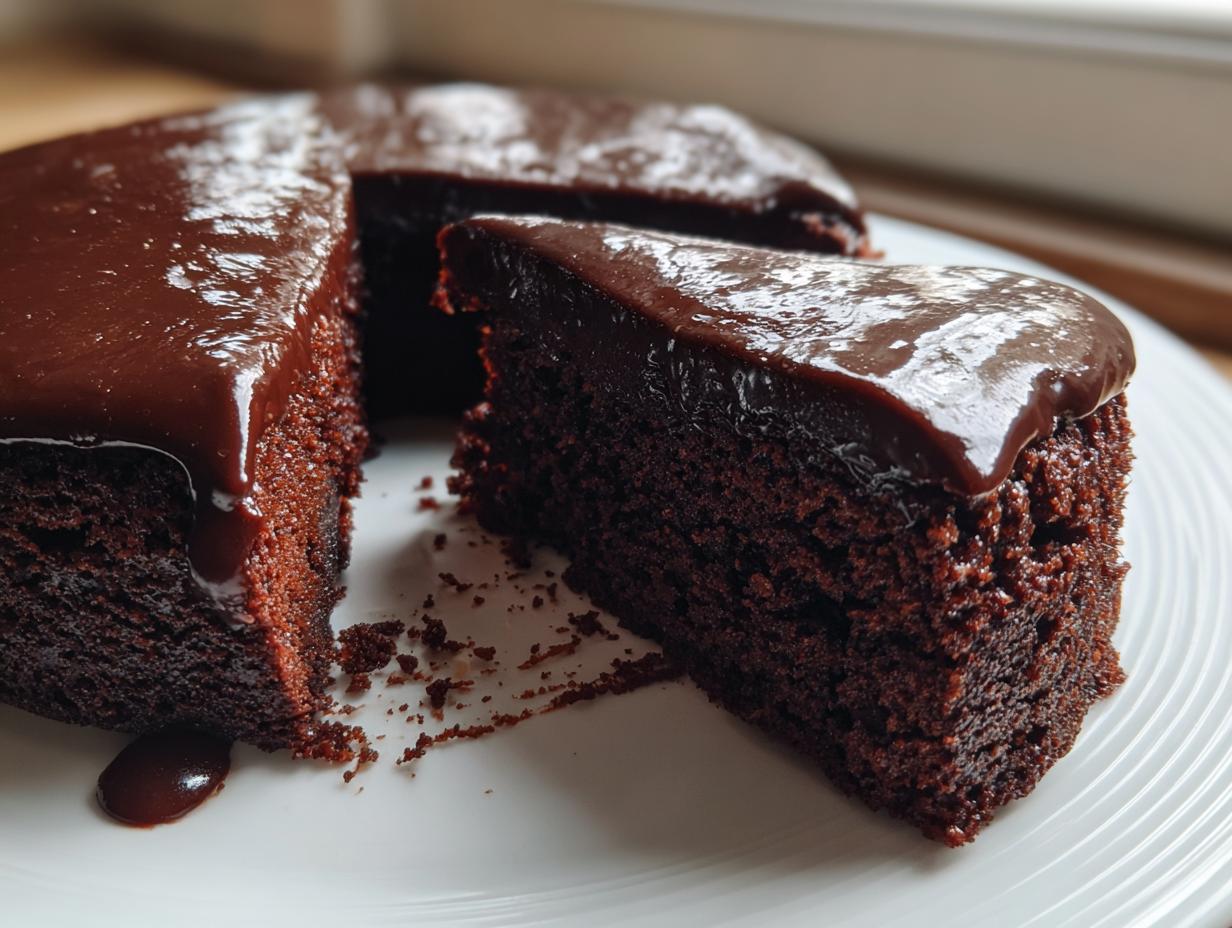 A slice of rich, dark flourless chocolate cake topped with glossy chocolate ganache, served on a white plate.