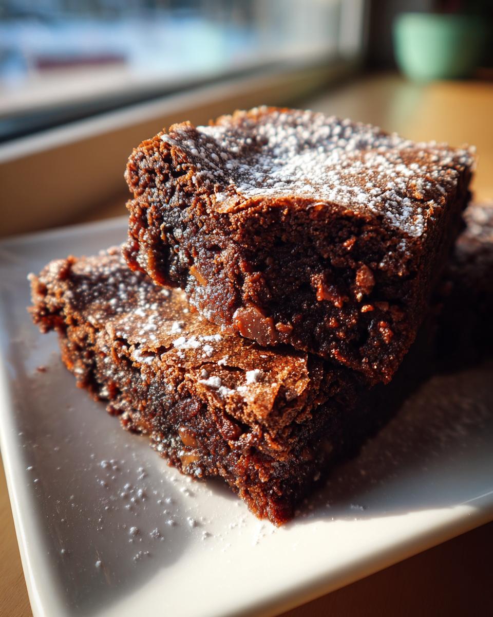 Two fudgy gingerbread brownies stacked on a white plate, dusted with powdered sugar.