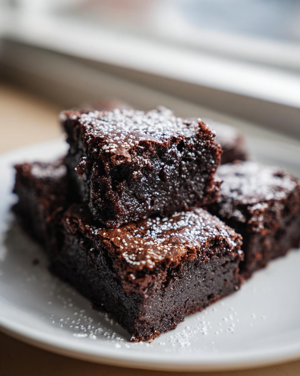 Close-up of fudgy gingerbread brownies stacked on a white plate, dusted with powdered sugar.