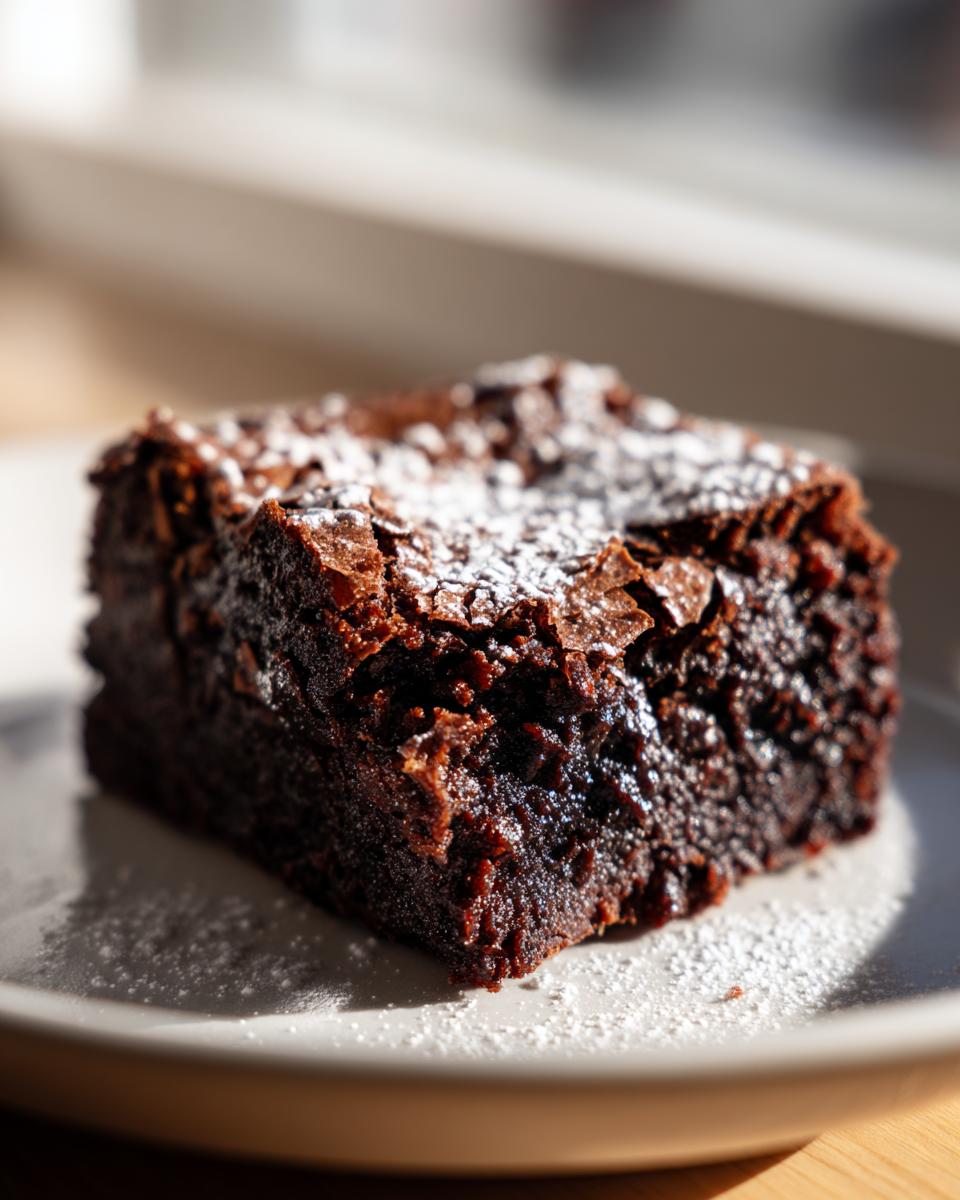 Close-up of a fudgy gingerbread brownies square dusted lightly with powdered sugar on a white plate.