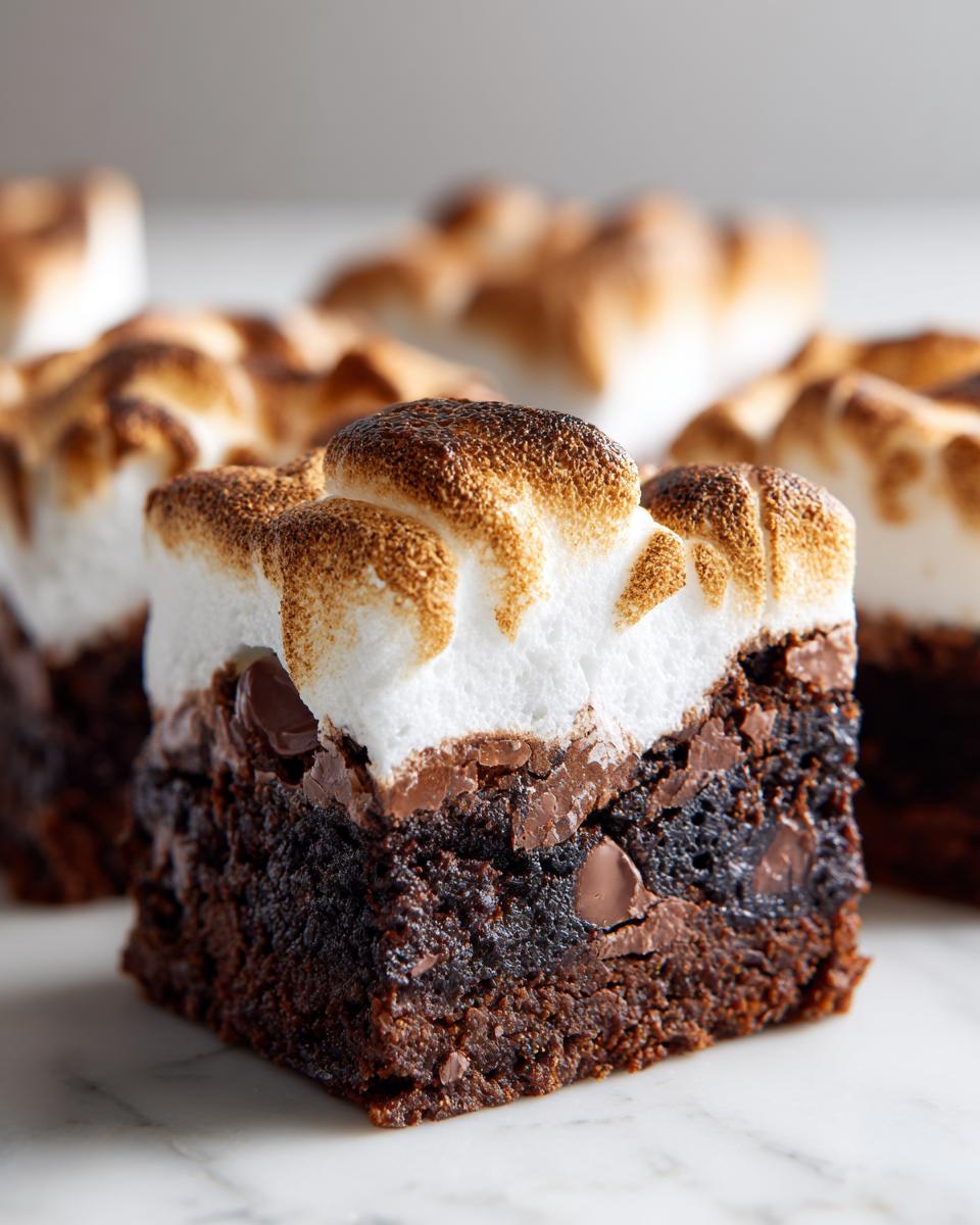 A single, fudgy hot chocolate brownies square topped with a thick layer of toasted, browned marshmallow.