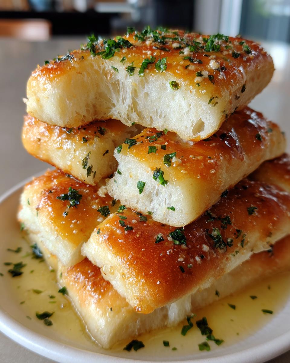 A stack of soft, fluffy breadsticks covered in melted garlic butter and sprinkled with parsley.