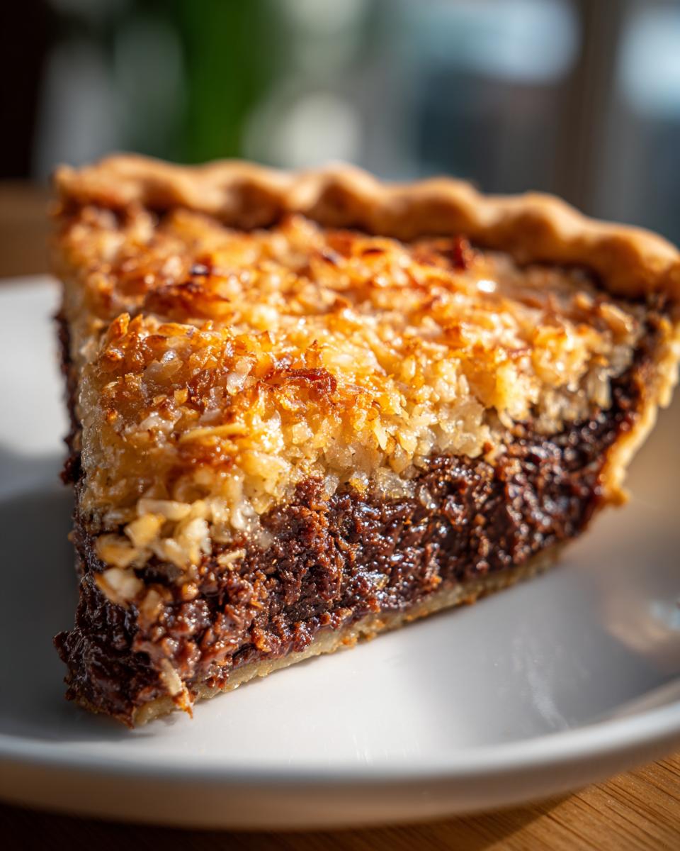 A close-up of a rich slice of german chocolate pie showing the dark chocolate filling and toasted coconut topping.