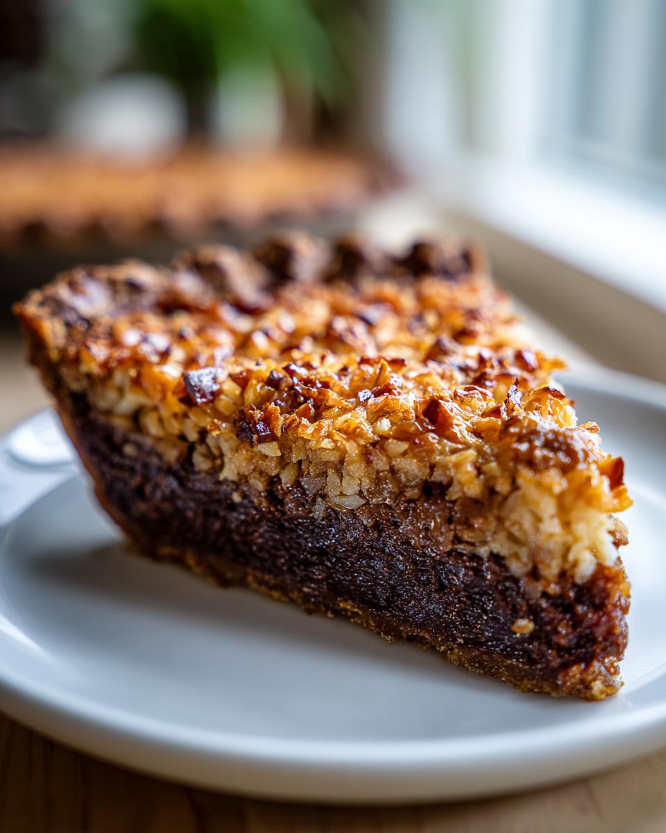 A close-up slice of german chocolate pie showing a rich dark chocolate base and a thick, gooey, toasted coconut pecan topping.