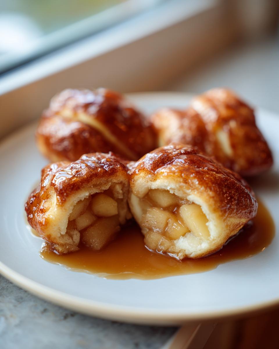 A close-up of a warm, glazed apple dumpling cut in half, revealing spiced apple filling and caramel sauce.