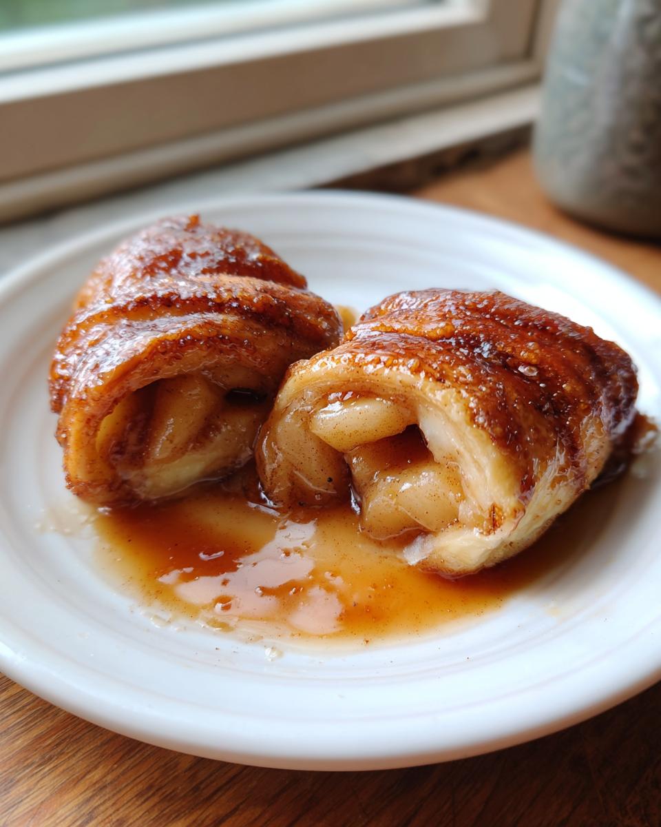 Two halves of a baked apple dumpling, rich brown and glazed, sitting in cinnamon sauce on a white plate.