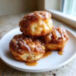 Three golden baked apple fritters stacked on a white plate, generously drizzled with caramel and vanilla glaze.